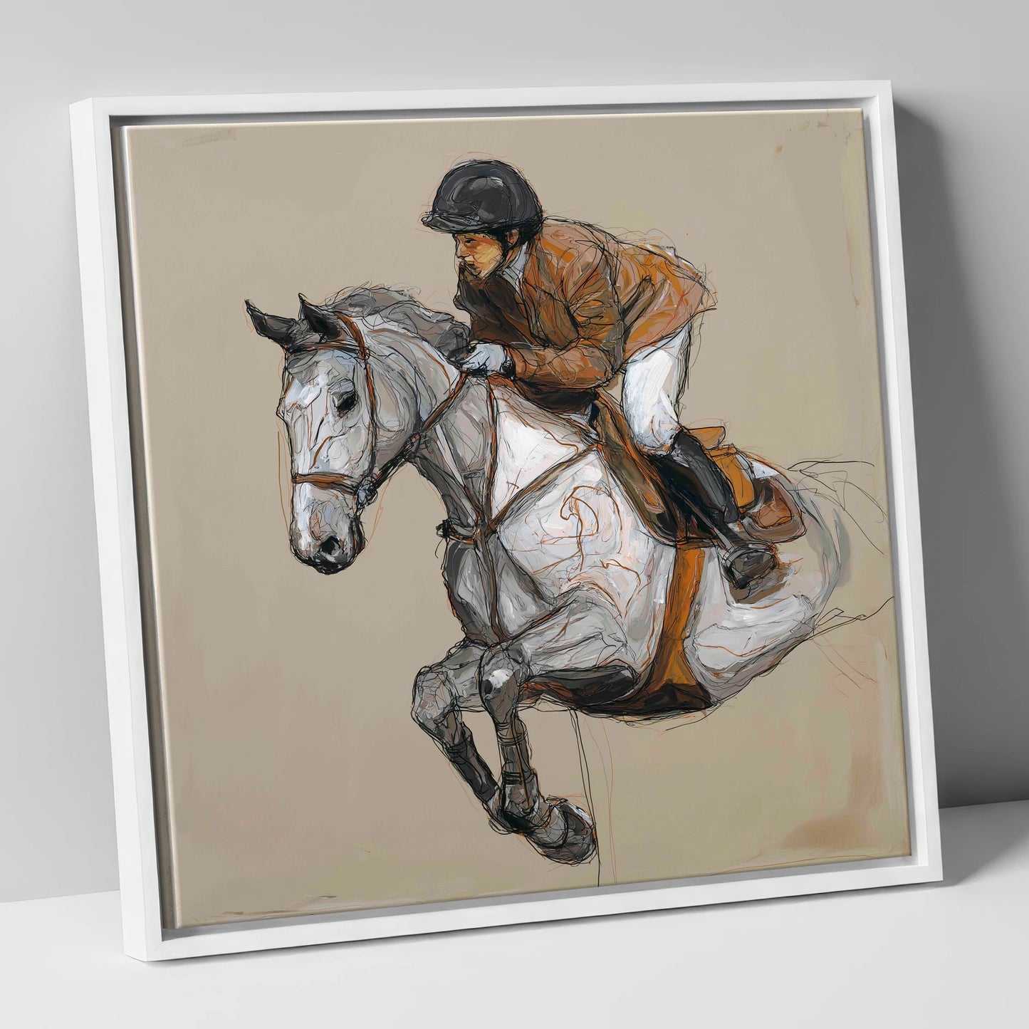 Flight of the Grey show jumping horse canvas wall art in white frame
