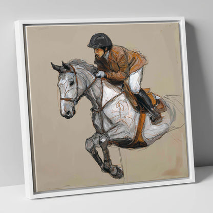 Flight of the Grey show jumping horse canvas wall art in white frame
