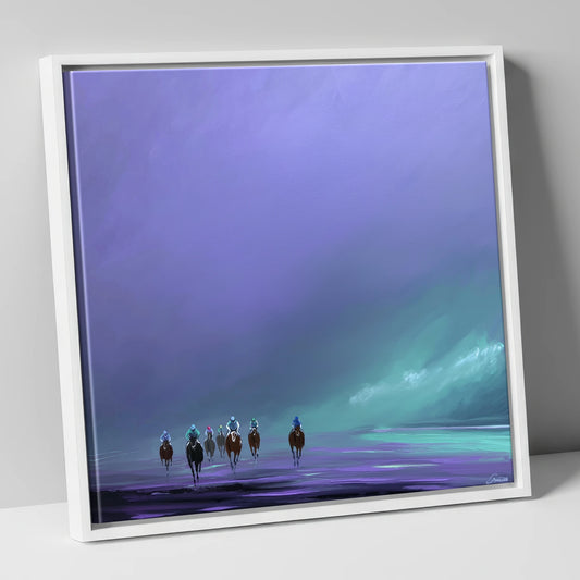 Violet Dawn Gallops racing horse canvas wall art in white frame