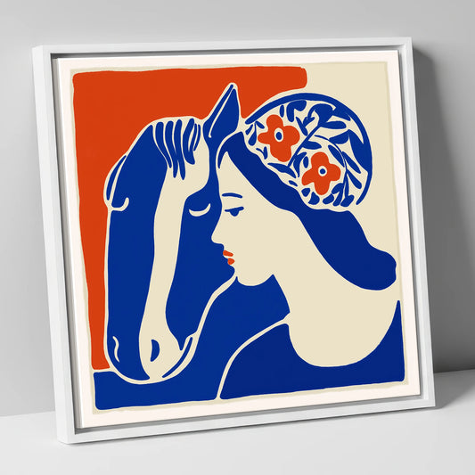 Cobalt Equine Bond horse & rider canvas wall art in white frame