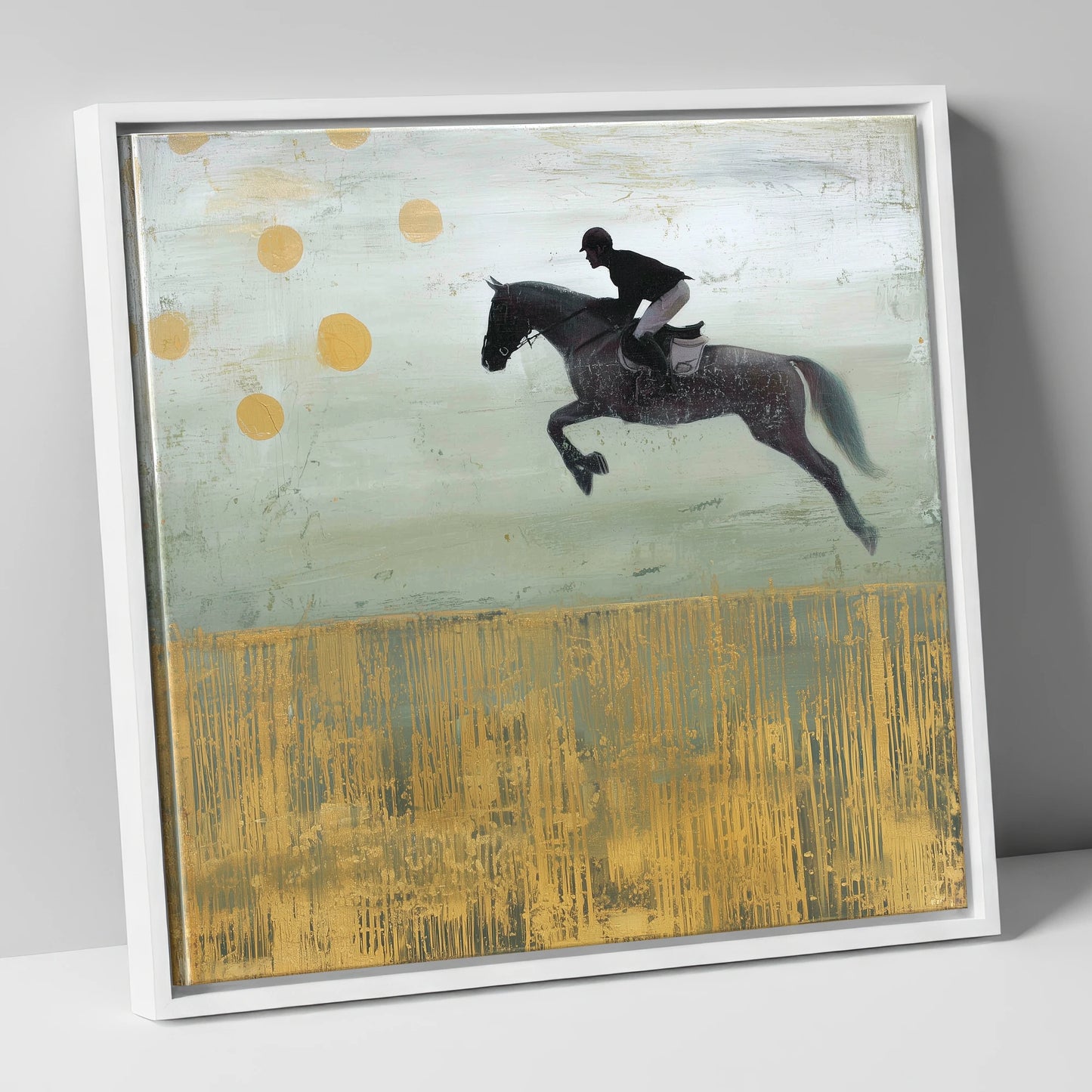 Gilded Flight show jumping horse canvas wall art in white frame
