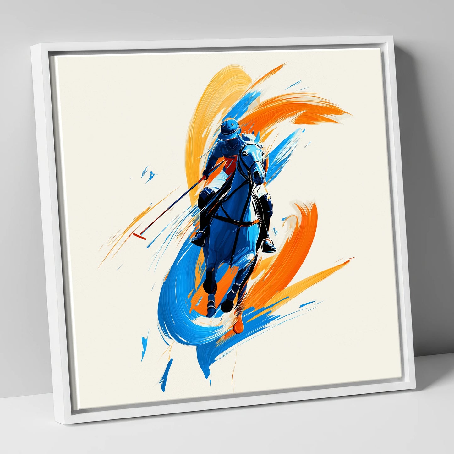 The Indigo Strike polo horse canvas wall art in white frame