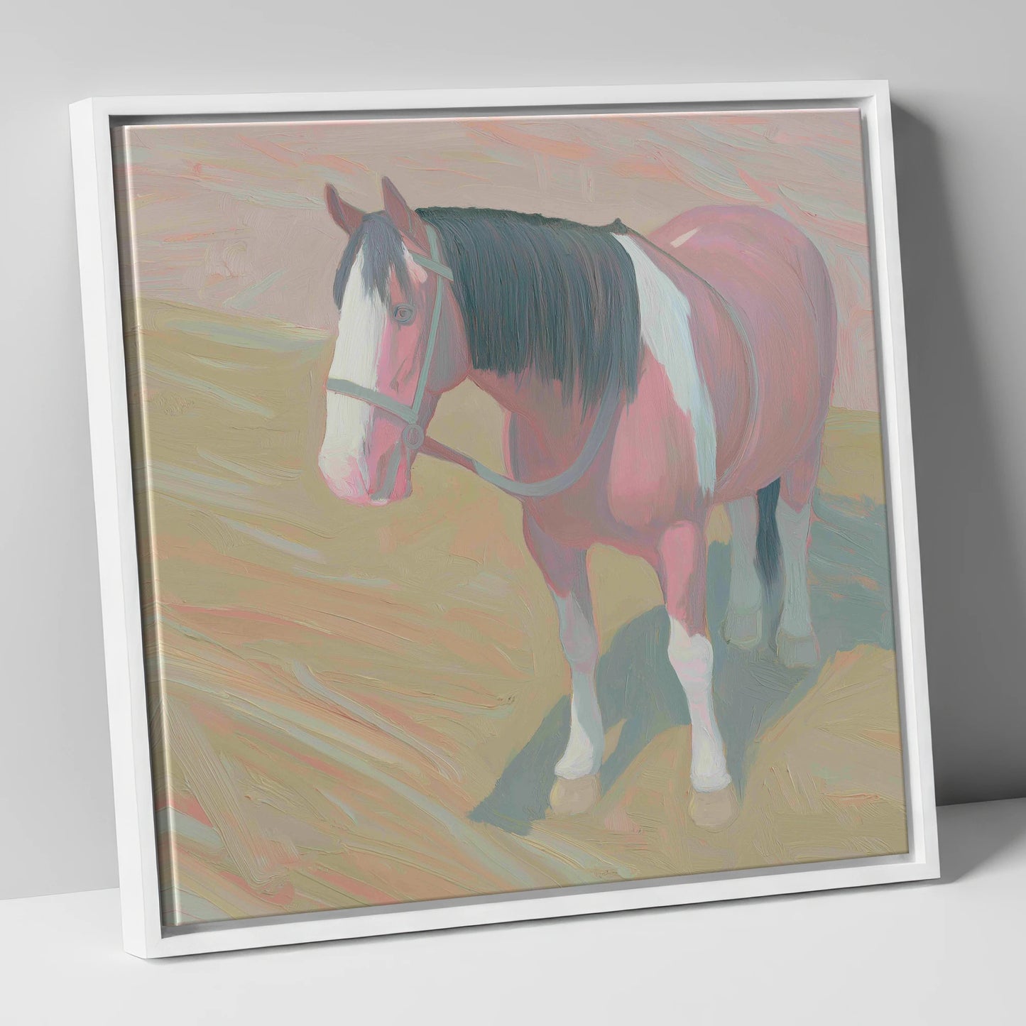 The Gentle Skewbald working horse canvas wall art in white frame