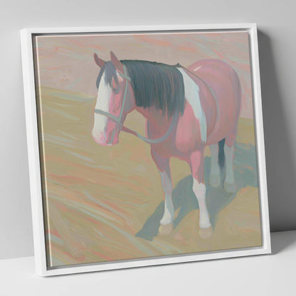 The Gentle Skewbald working horse canvas wall art in white frame