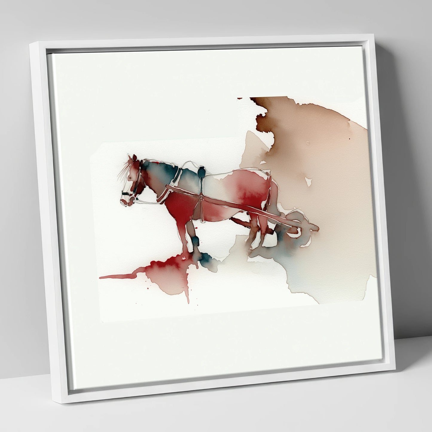 Crimson Draught in Harness working horse canvas wall art in white frame