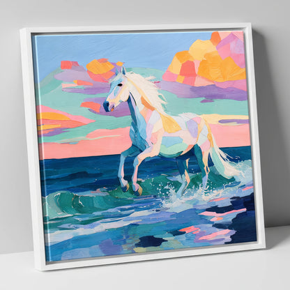Vibrant Coastal Canter beach horse canvas wall art in white frame