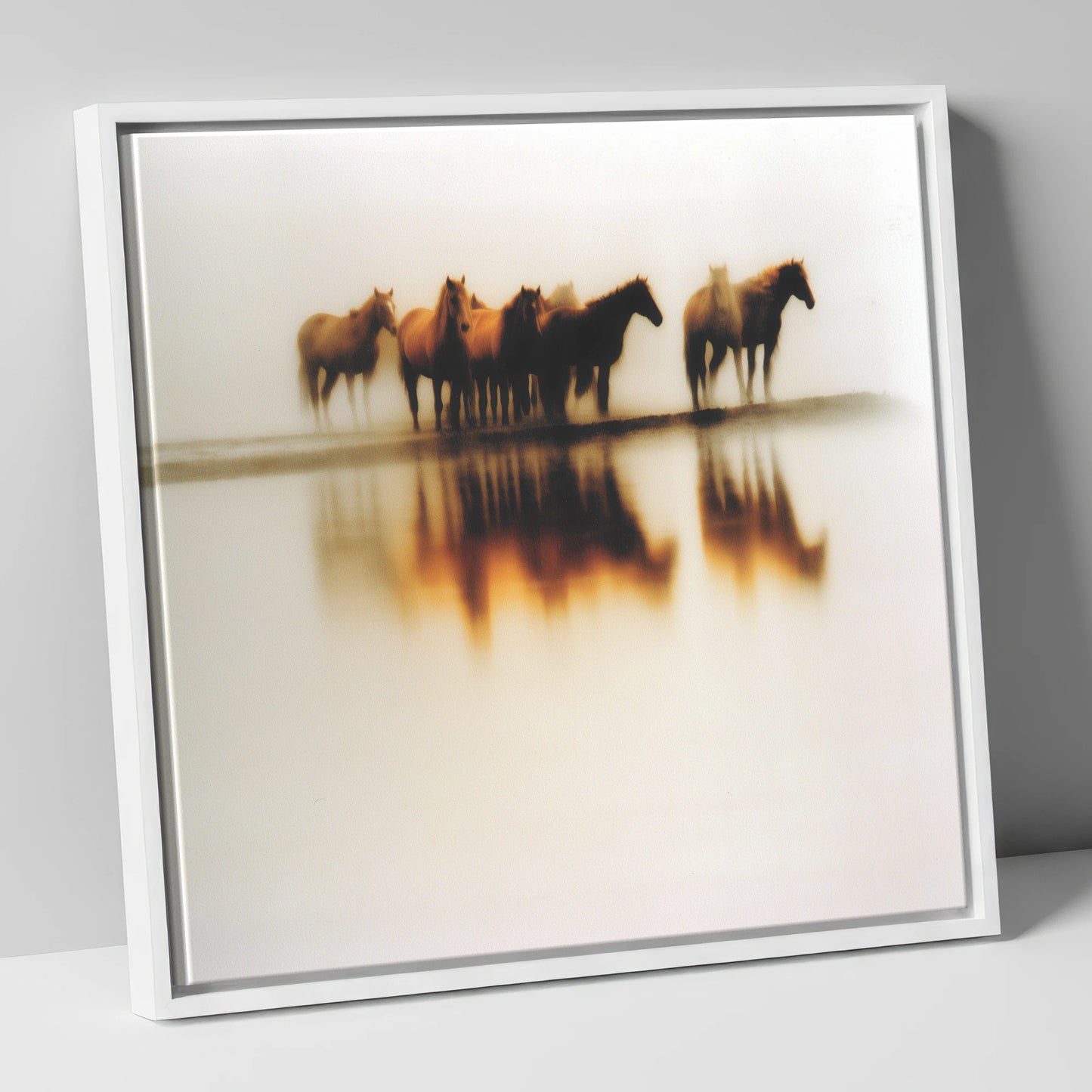 Mirage of the Herd wild horses canvas wall art in white frame