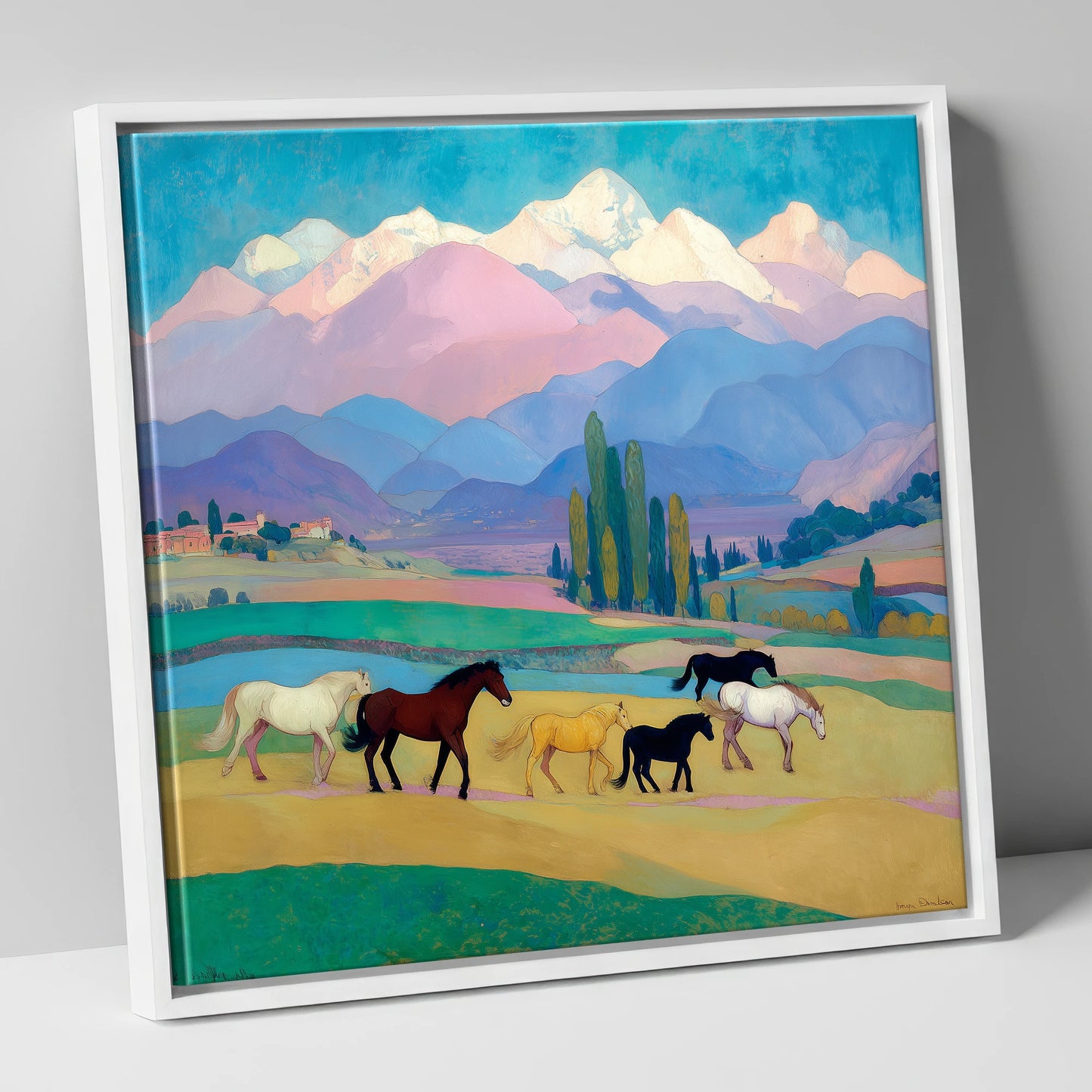 Vibrant Alpine Herd horse landscape canvas wall art in white frame
