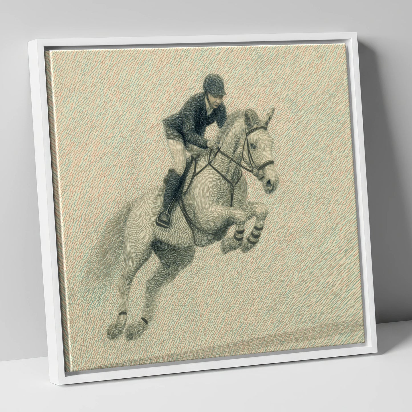 Precision in Flight show jumping horse canvas wall art in white frame