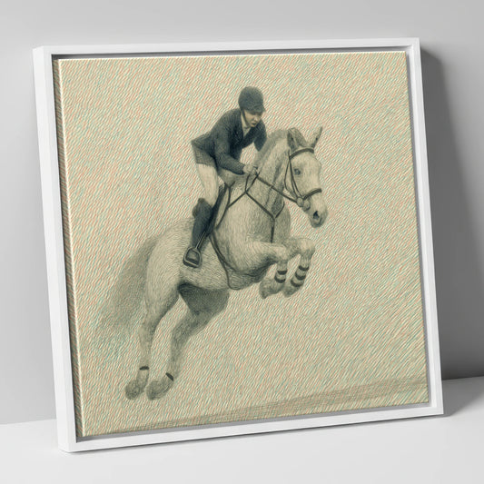 Precision in Flight show jumping horse canvas wall art in white frame