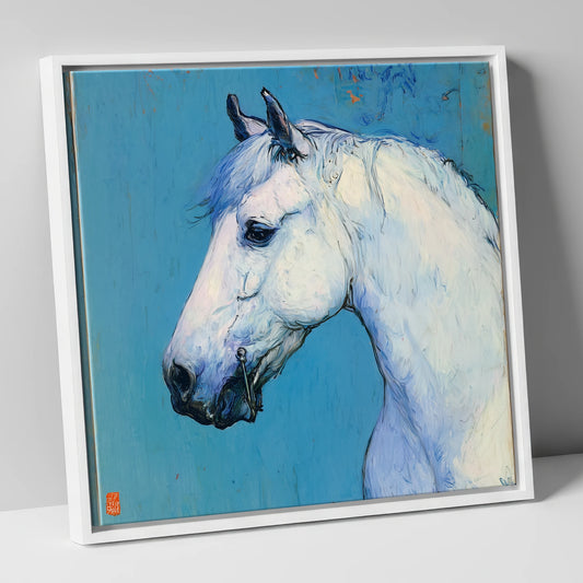 Cerulean Grey Profile horse portrait canvas wall art in white frame
