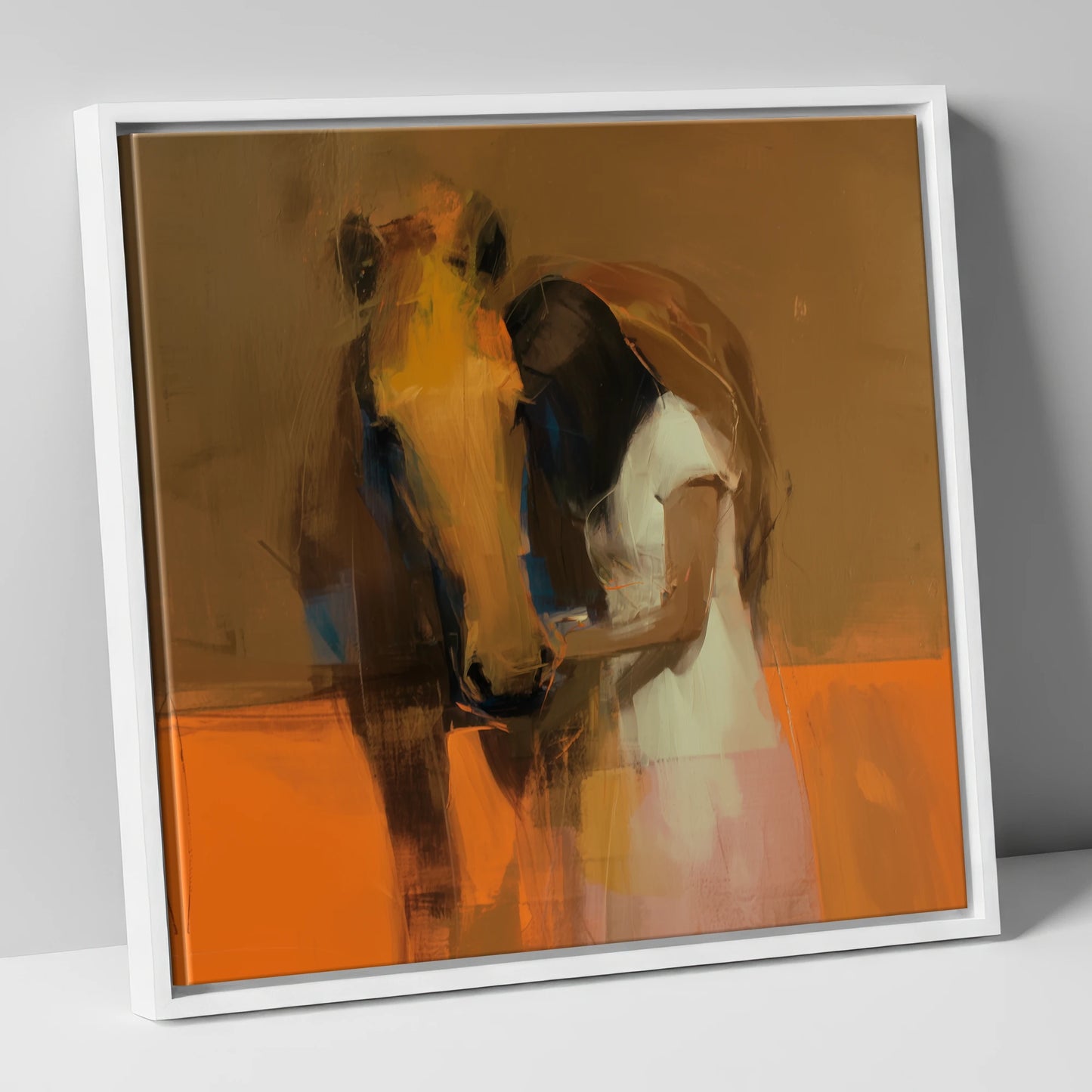 Silent Understanding horse & rider canvas wall art in white frame