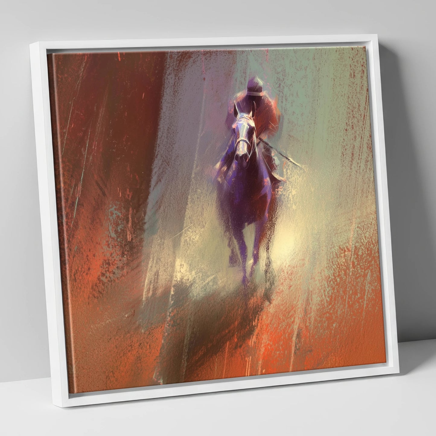 Out of the Haze racing horse canvas wall art in white frame