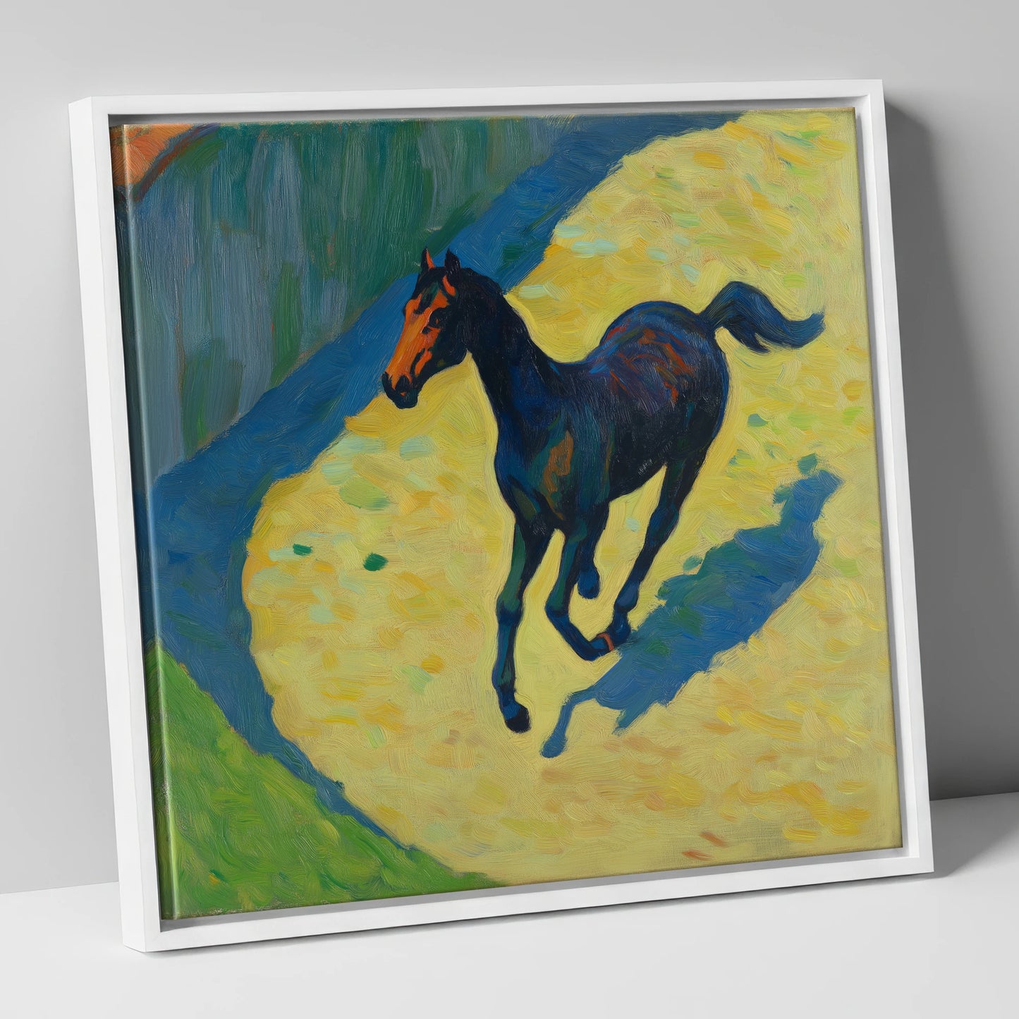 Cobalt Shadow Gallop racing horse canvas wall art in white frame