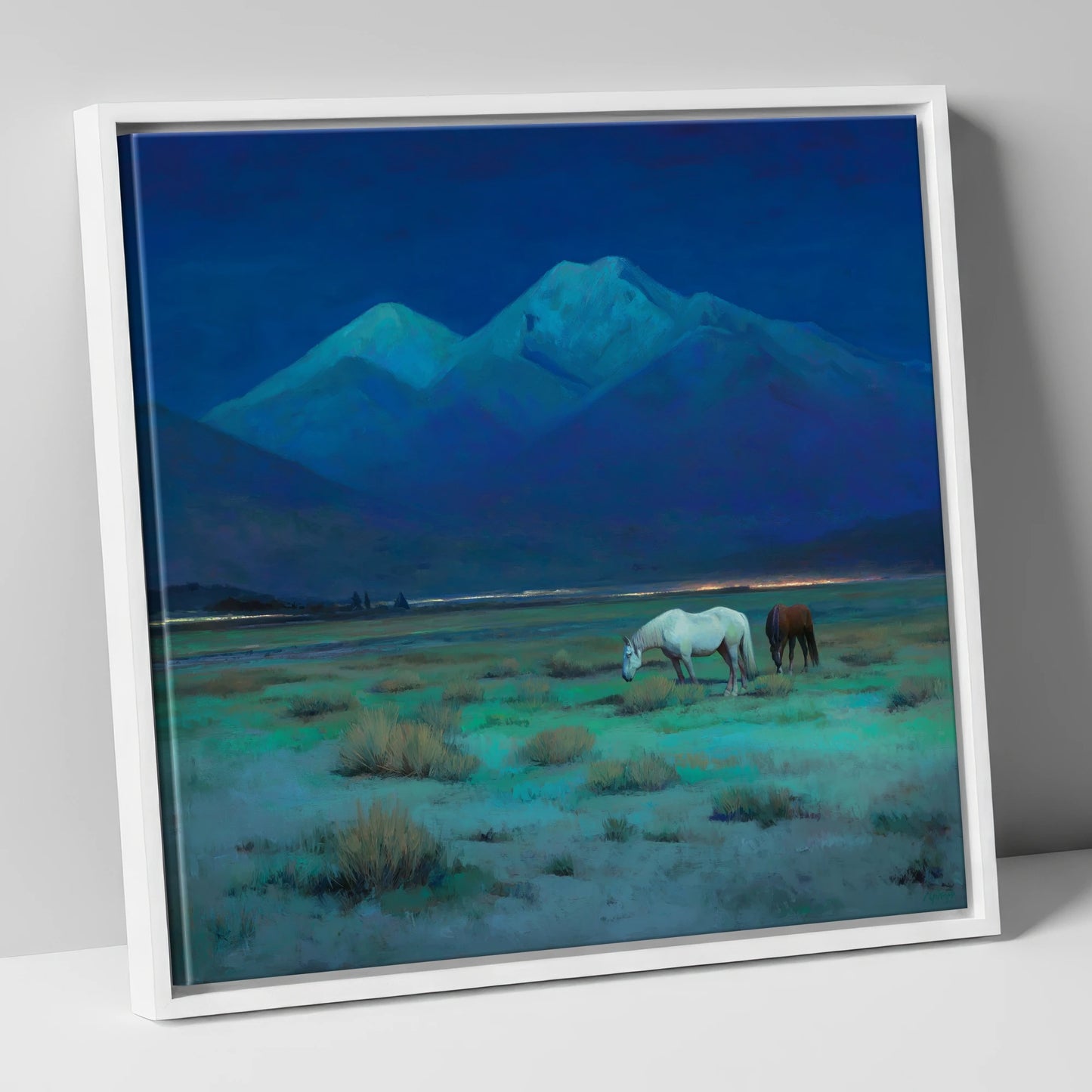 Indigo Night Pasture horse landscape canvas wall art in white frame