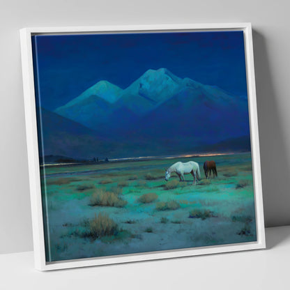 Indigo Night Pasture horse landscape canvas wall art in white frame