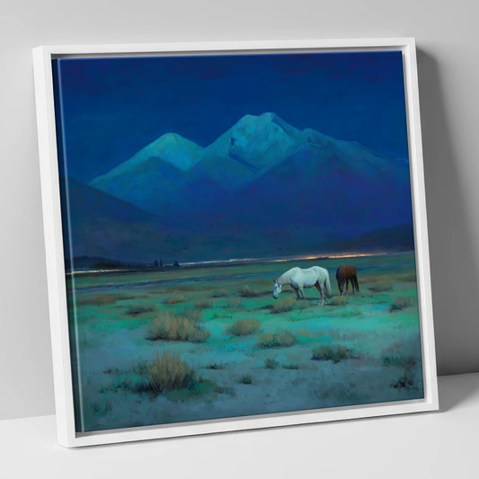 Indigo Night Pasture horse landscape canvas wall art in white frame