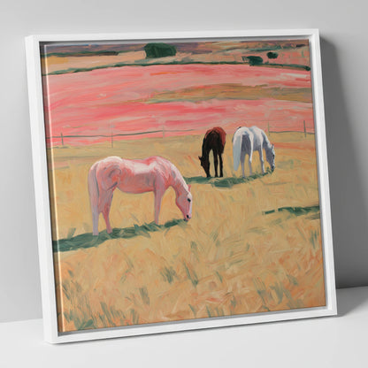 Dusky Meadow Grazing horse landscape canvas wall art in white frame