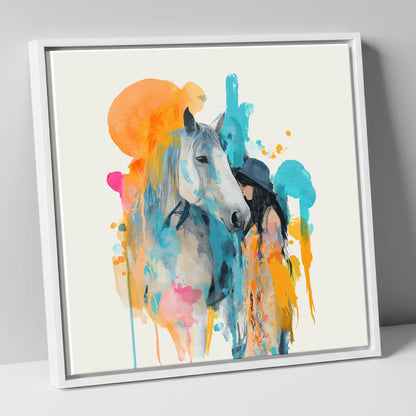 Vibrant Connection horse & rider canvas wall art in white frame