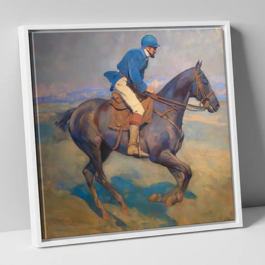 Azure Rhythm at Dawn racing horse canvas wall art in white frame