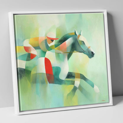 Prismatic Racing Stride racing horse canvas wall art in white frame