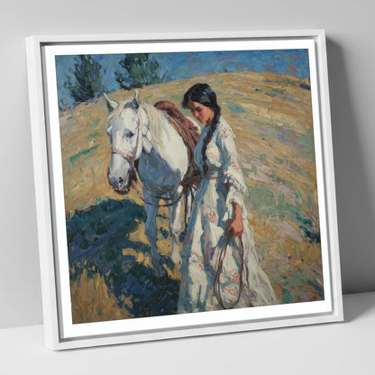 Sunlit Summer Stroll horse & rider canvas wall art in white frame