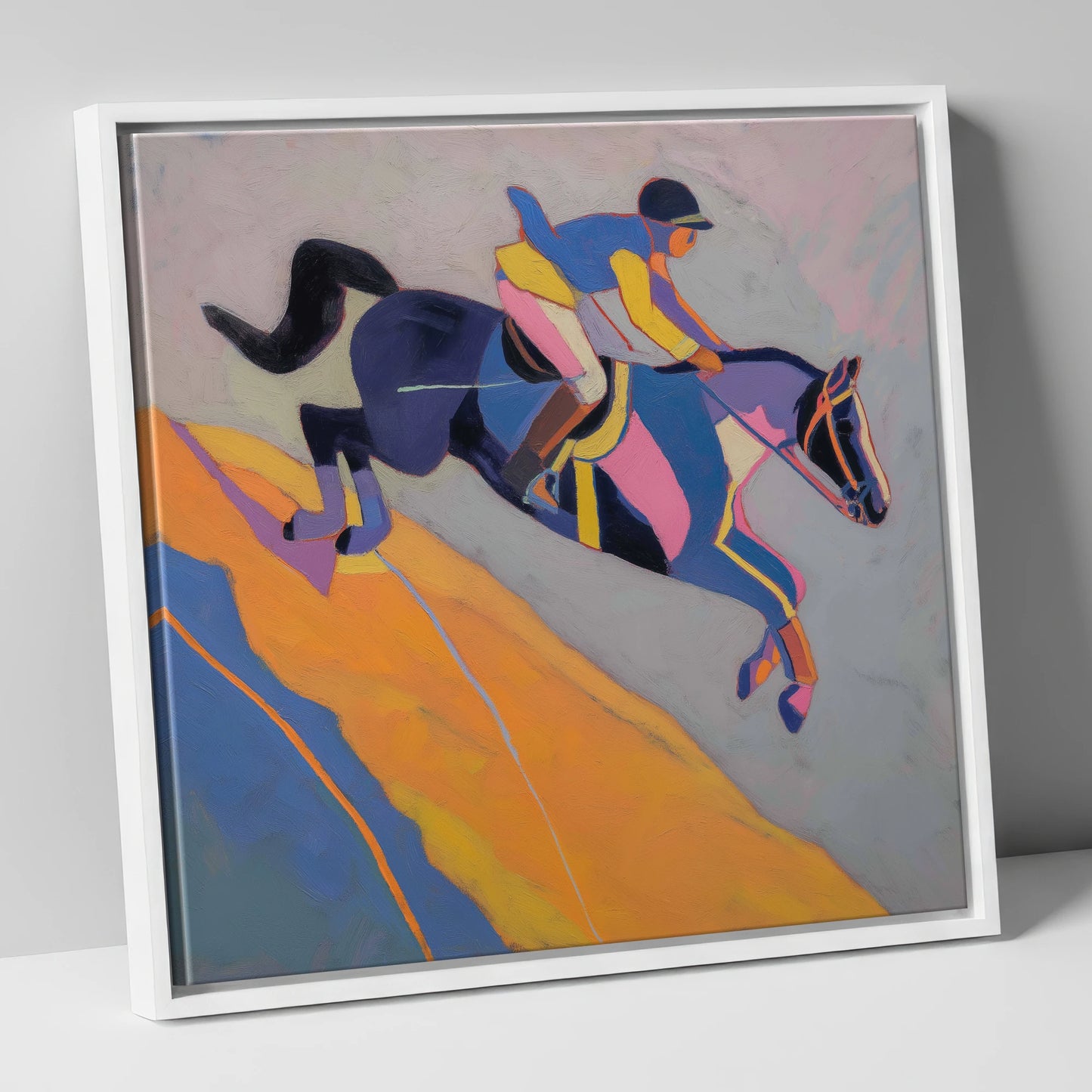 Vibrant Mid-Air Leap show jumping horse canvas wall art in white frame