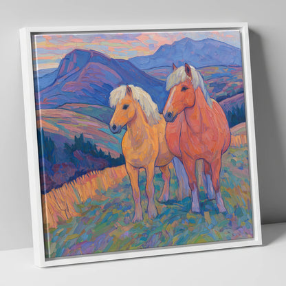 Highland Fjord Companions horse landscape canvas wall art in white frame