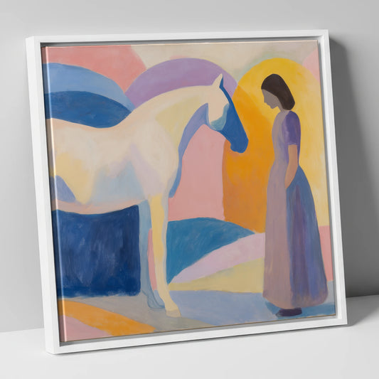 Quiet Connection horse & rider canvas wall art in white frame