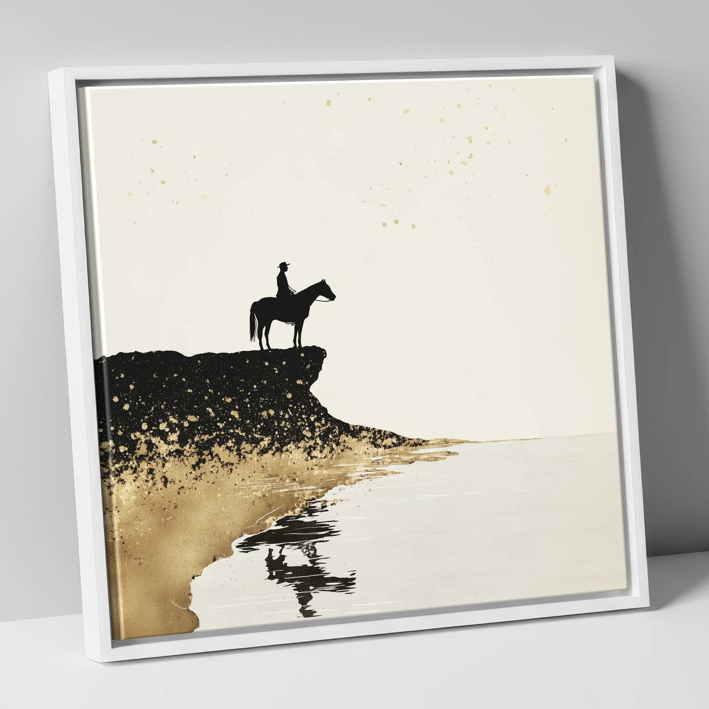 Golden Shores Silhouette beach horse canvas wall art in white frame