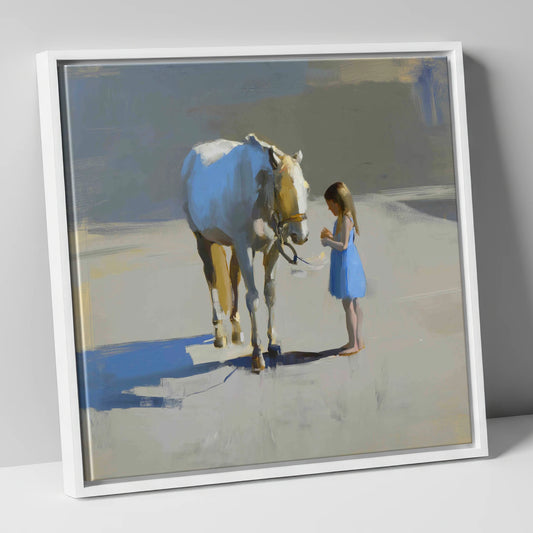 Sunlit Trust horse & rider canvas wall art in white frame