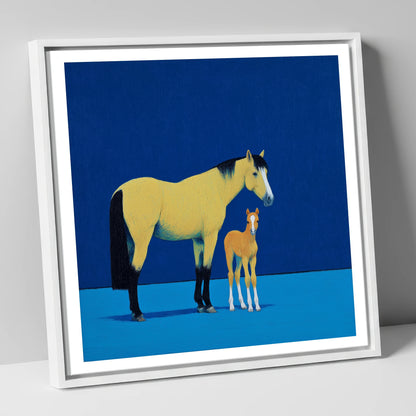 Striking Bonds in Blue mare & foal canvas wall art in white frame