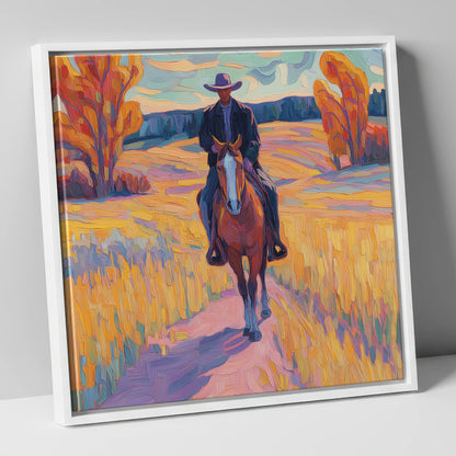 Vibrant Western Trail western horse canvas wall art in white frame