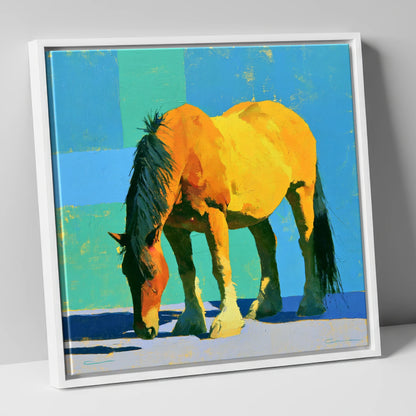 Vibrant Yellow Grazing Cob horse breed canvas wall art in white frame