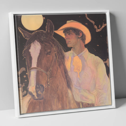Under the Prairie Moon western horse canvas wall art in white frame