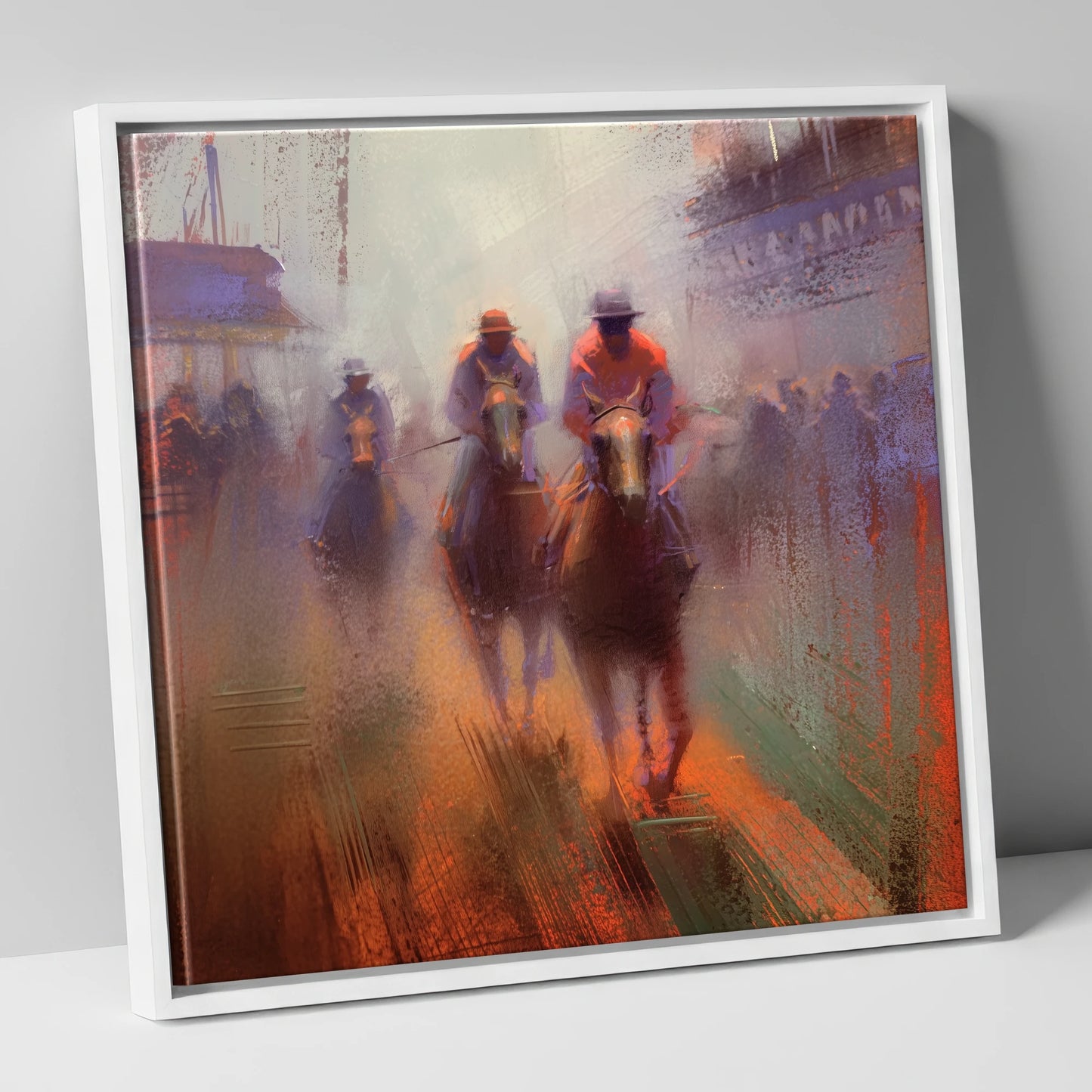 Out of the Haze racing horse canvas wall art in white frame