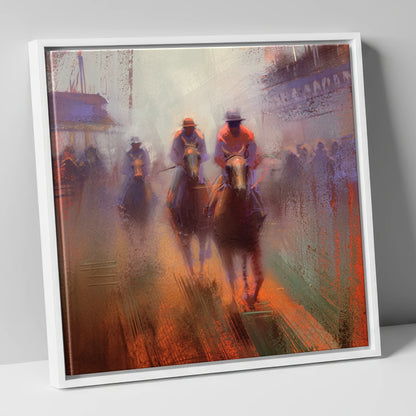 Out of the Haze racing horse canvas wall art in white frame