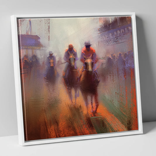 Out of the Haze racing horse canvas wall art in white frame