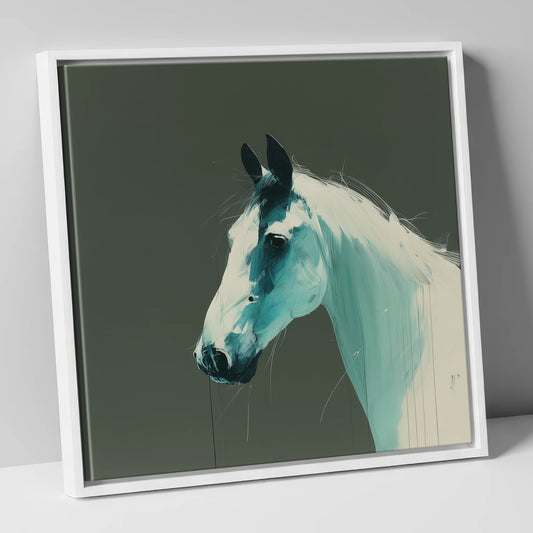 Contemporary Teal Profile horse portrait canvas wall art in white frame