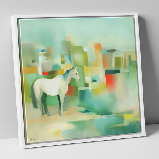 Abstract Urban Equine horse landscape canvas wall art in white frame