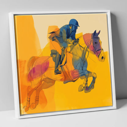 Flight in Colour show jumping horse canvas wall art in white frame