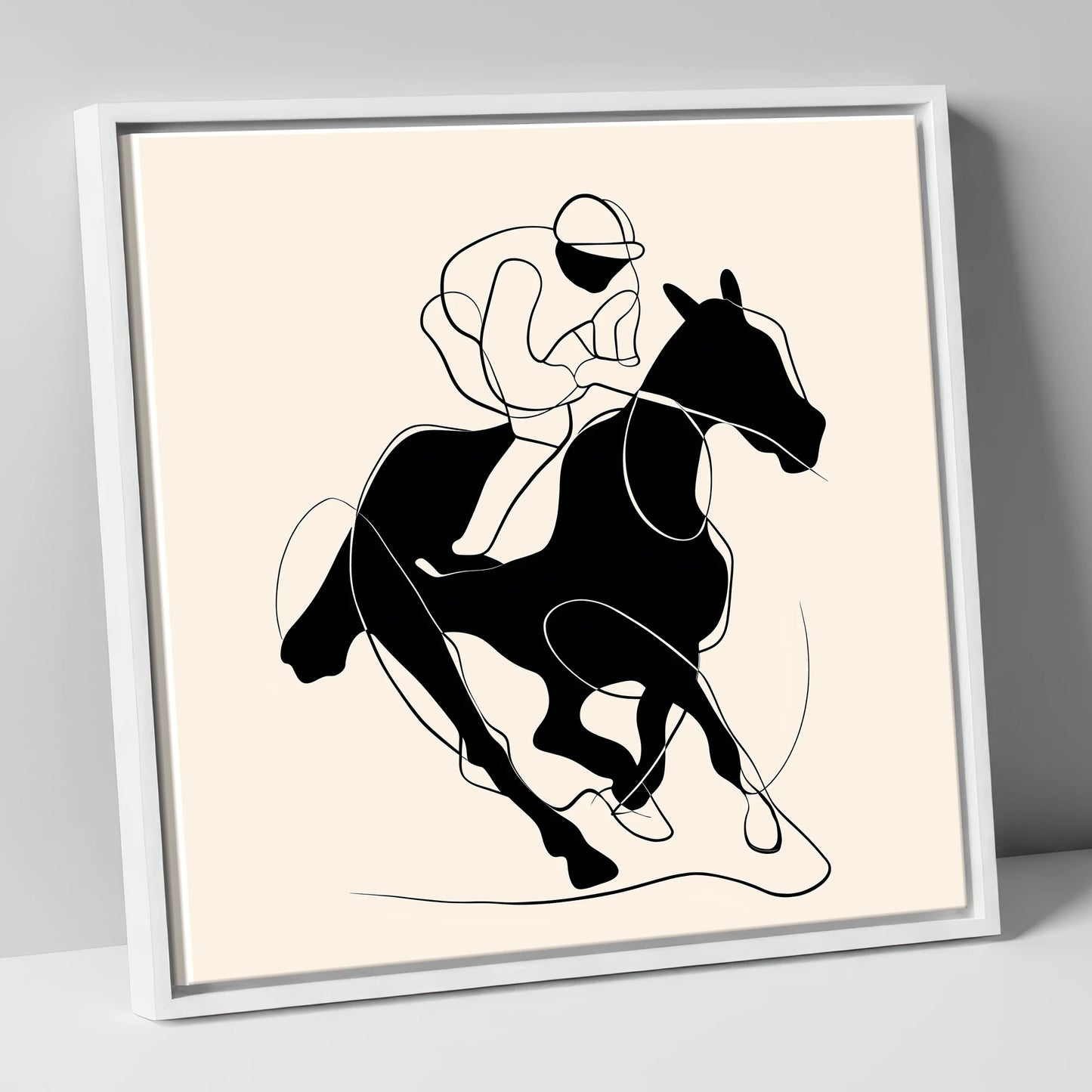 Monochrome Gallop racing horse canvas wall art in white frame