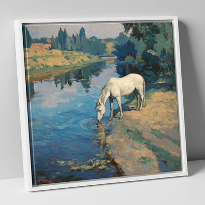 Solace at the River horse landscape canvas wall art in white frame