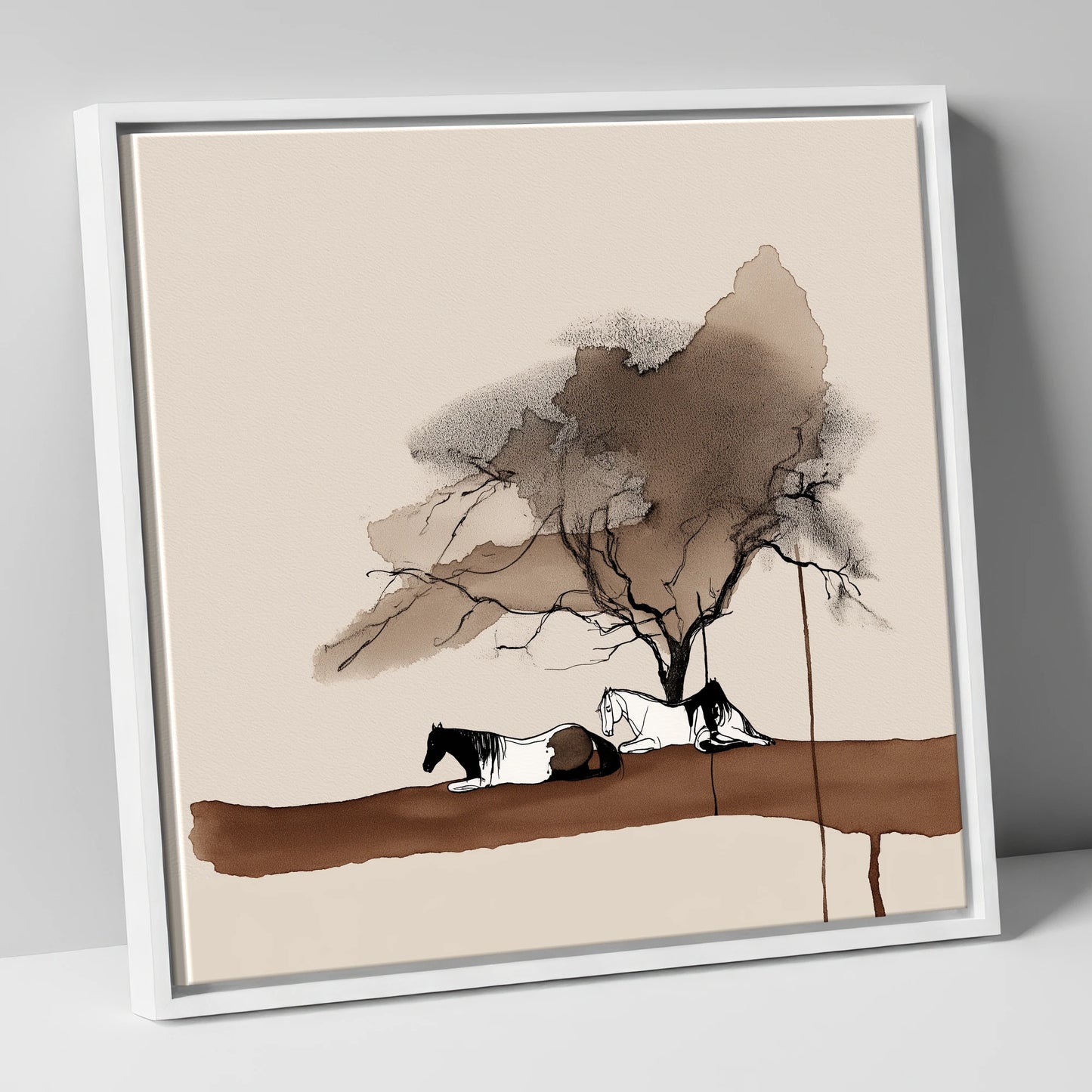 Resting Under the Canopy horse landscape canvas wall art in white frame
