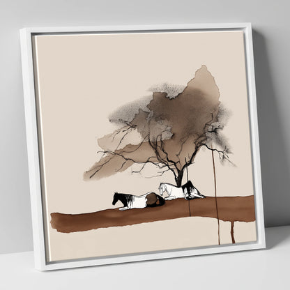 Resting Under the Canopy horse landscape canvas wall art in white frame