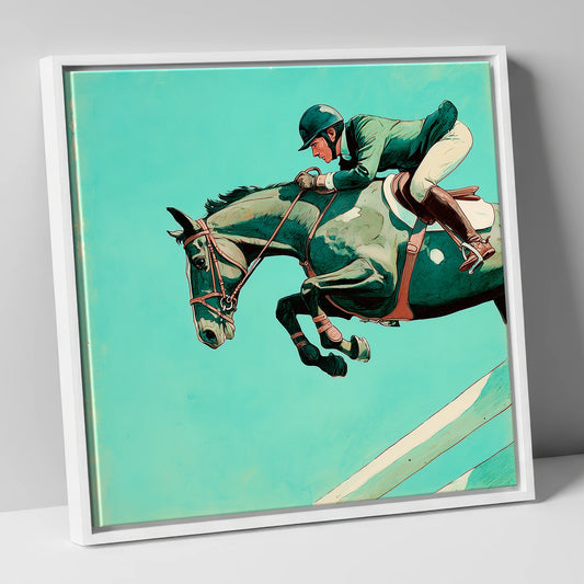 Mid-Air Mastery show jumping horse canvas wall art in white frame