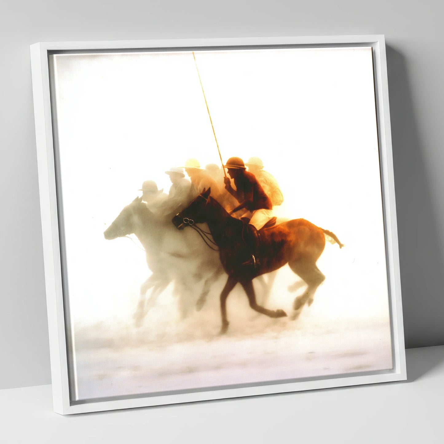 Through the Golden Haze polo horse canvas wall art in white frame