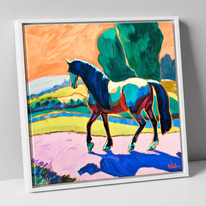 The Cobalt Stride horse breed canvas wall art in white frame