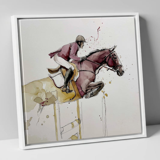 Burgundy Flight show jumping horse canvas wall art in white frame
