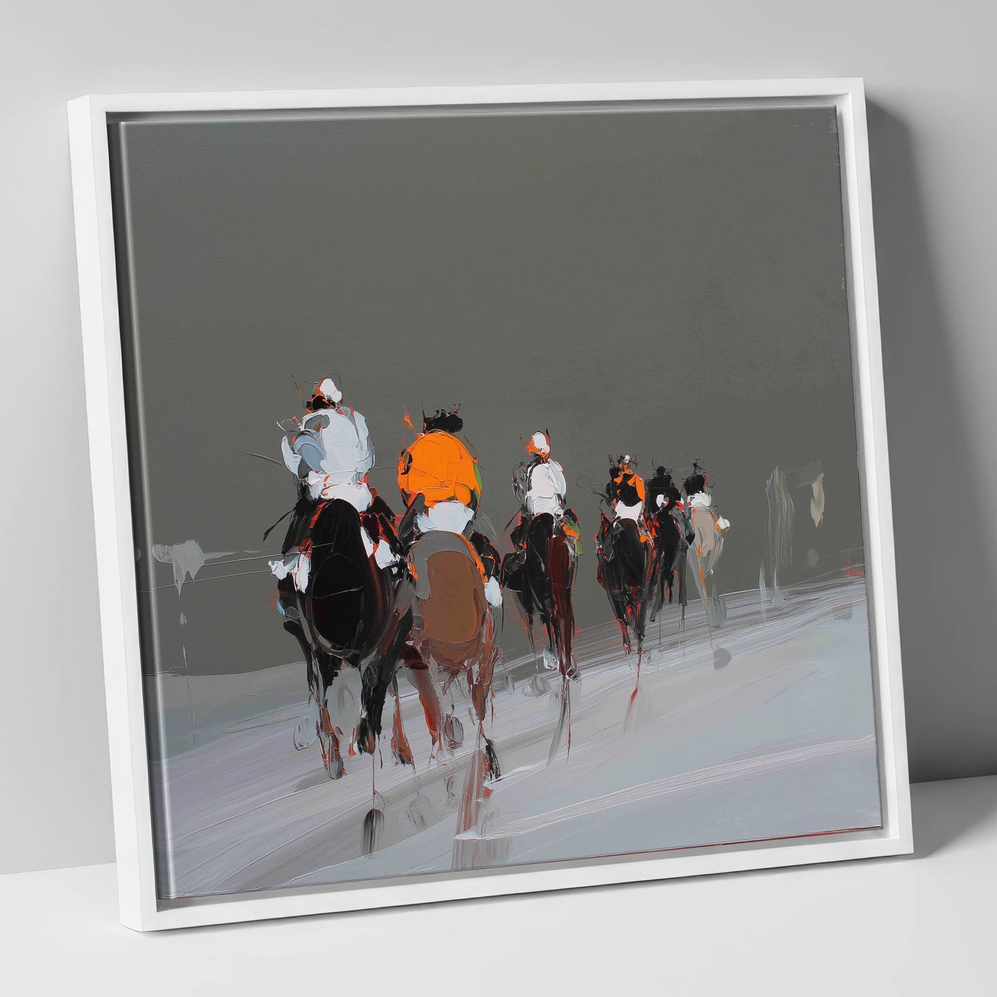 Through the Grey racing horse canvas wall art in white frame